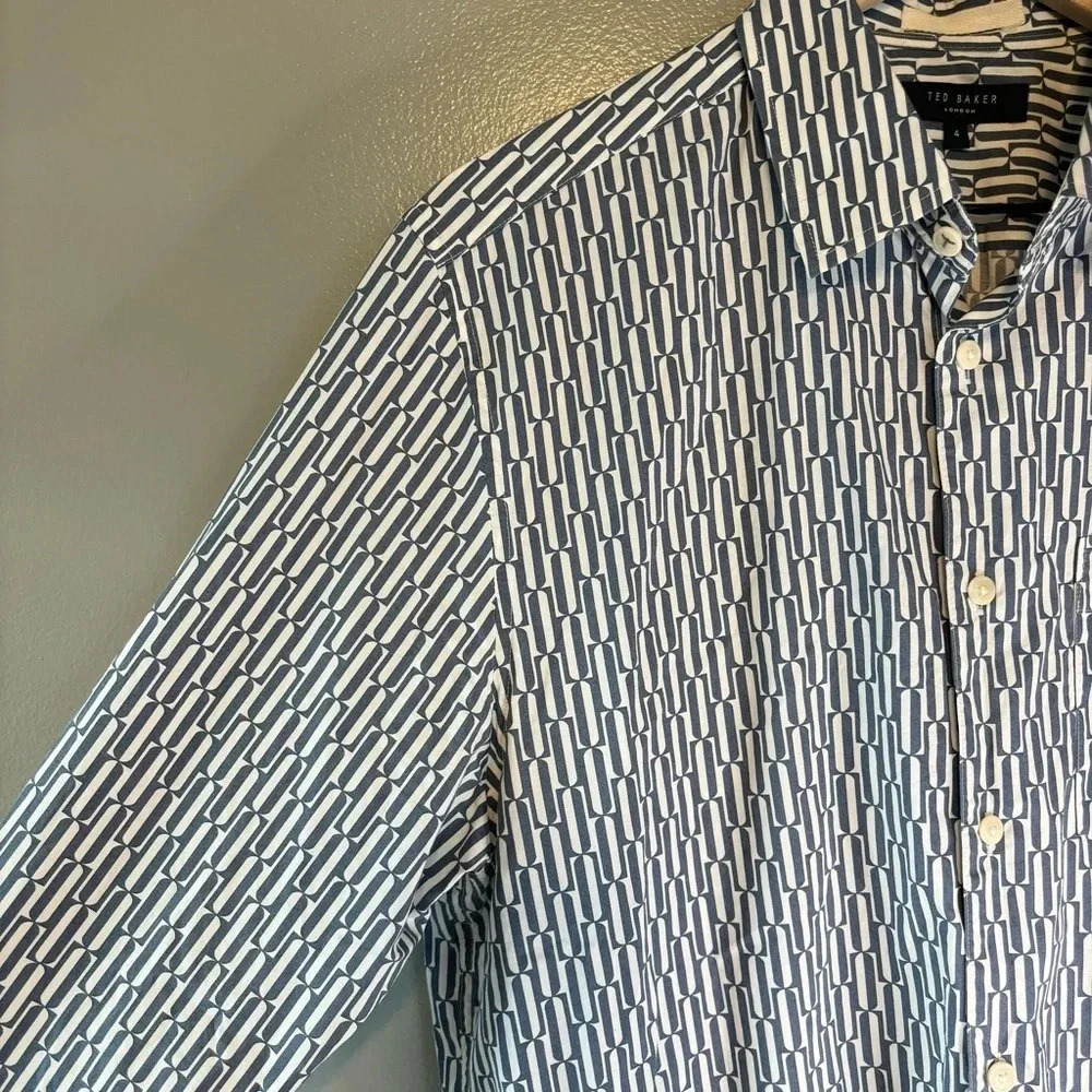 Ted Baker sz 4 (Large) Ruskin Retro Geo Print Cotton Button Down Blue & White - Picture 3 of 6